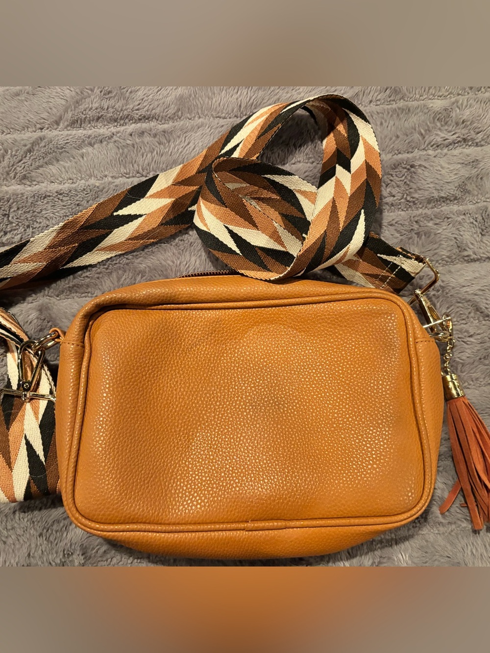 Tan Crossbody Bag with Geometric Strap